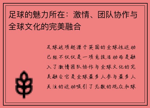 足球的魅力所在：激情、团队协作与全球文化的完美融合