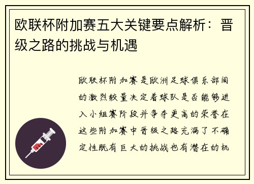 欧联杯附加赛五大关键要点解析：晋级之路的挑战与机遇